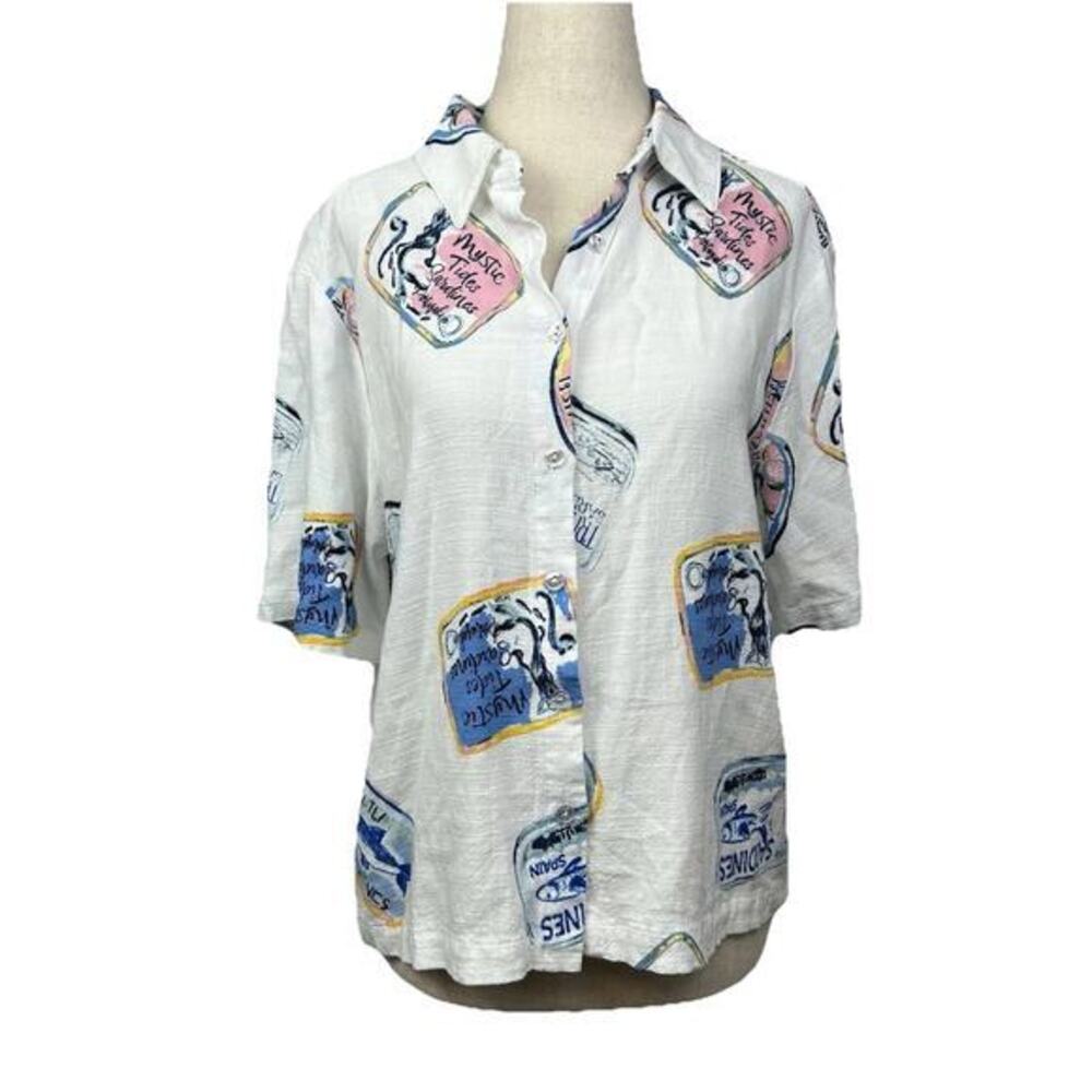 Jane‎ & Delancey Linen Blend Button Up Shirt Multicolor Sardines Portugal Medium